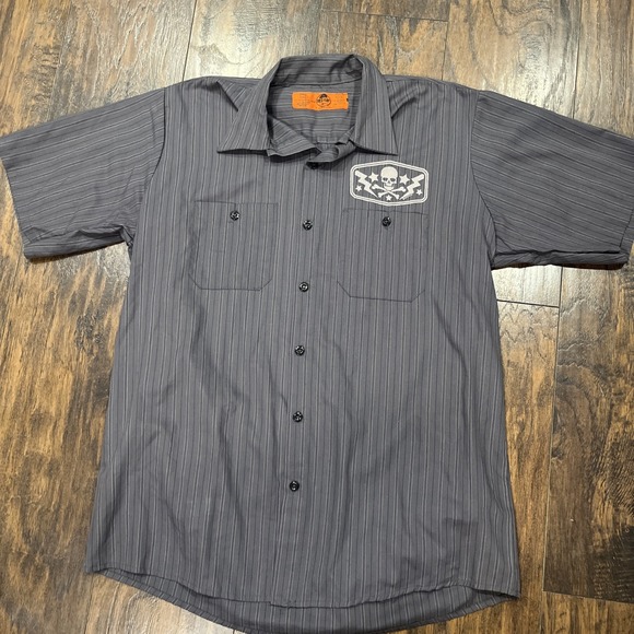 Red Kap Skull Button Shirt Mens Large Short Sleeve Gray Motorcycle Biker Freedom - Picture 1 of 8
